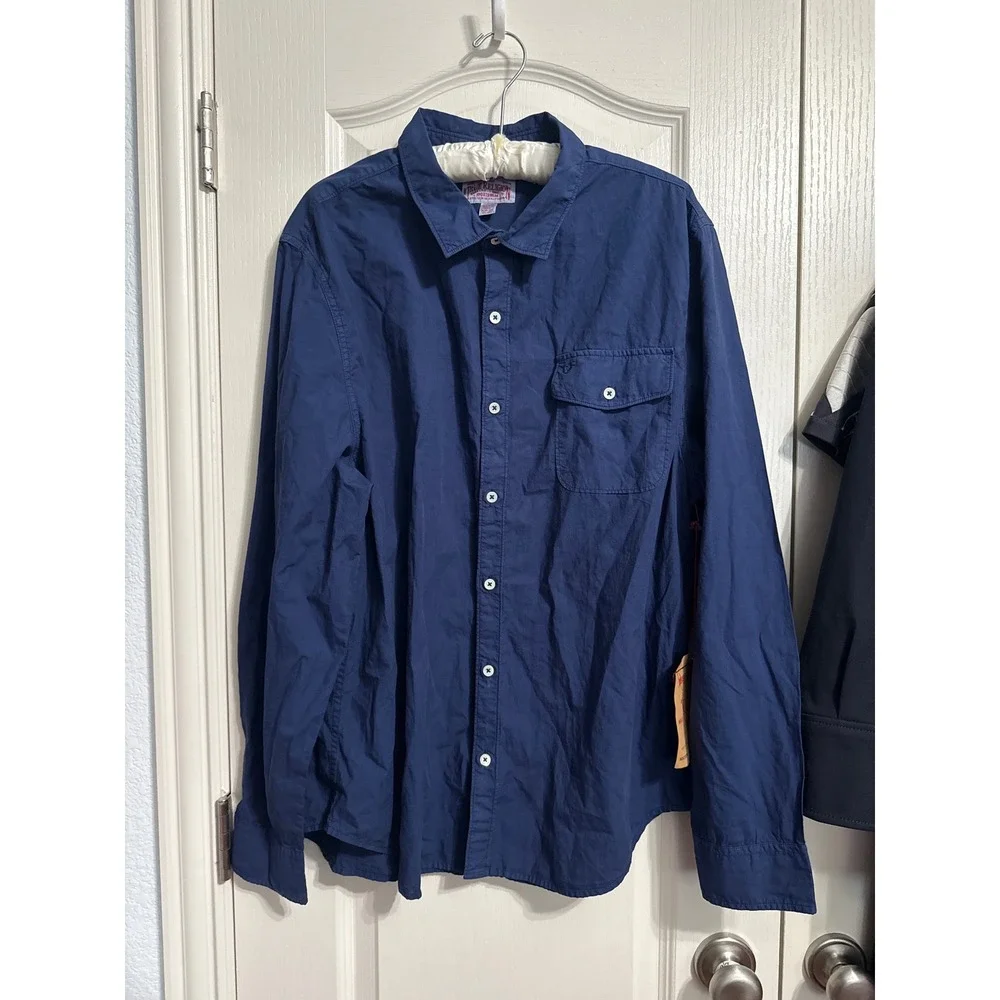 True Religion Navy Long Sleeve Button Down Shirt Y2K Indie Sleaze Preppy Utility